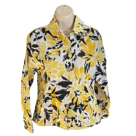 Womens Denim Floral Jacket Stretch Yellow Black Size 8 u - Picture 1 of 12